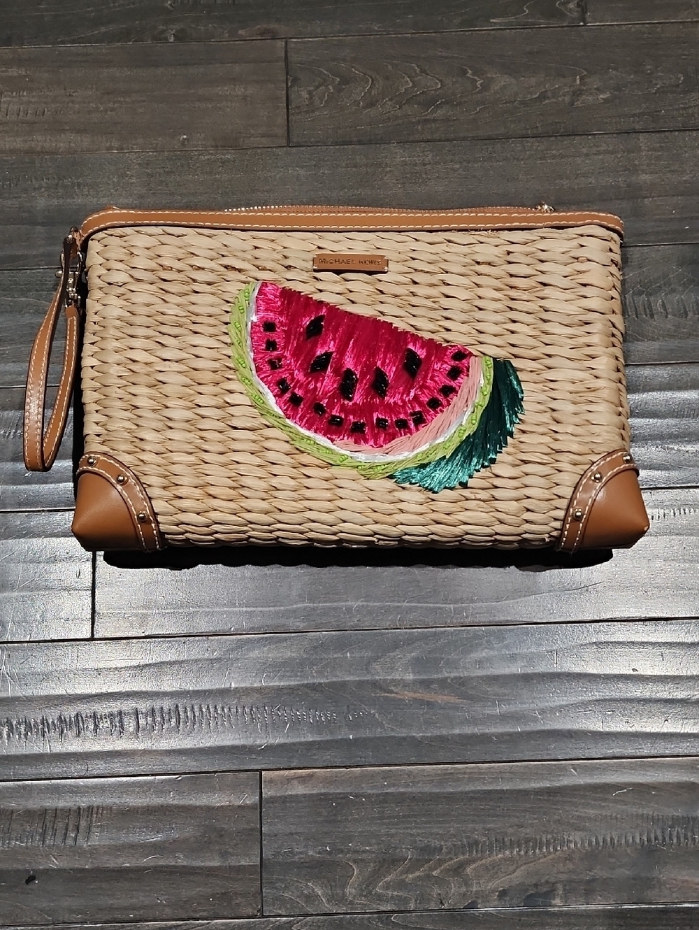 Michael Kors Straw Wristlet Clutch with Pink Watermelon Embroidery